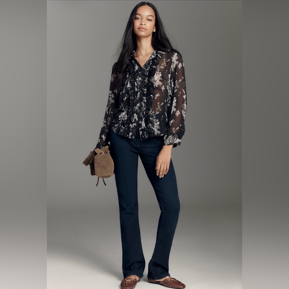 NEW Anthropologie Sheer Ruffle Buttondown Top Size XL